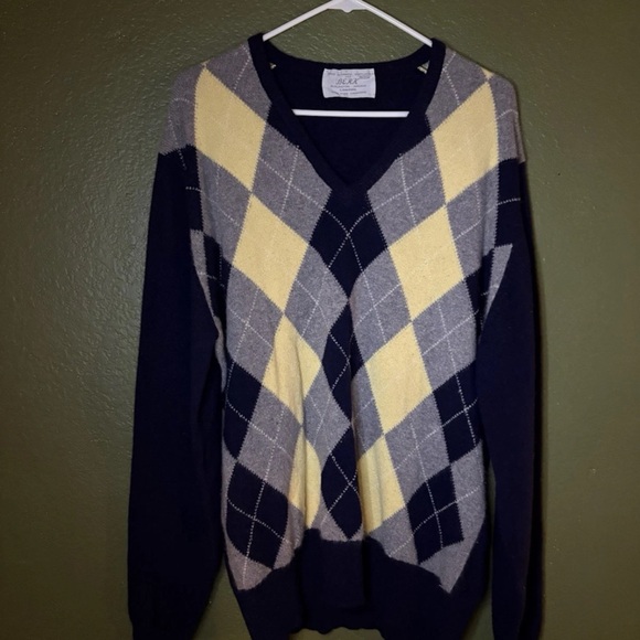 V-Neck Argyle Sweater in Navy Yellow and Gray